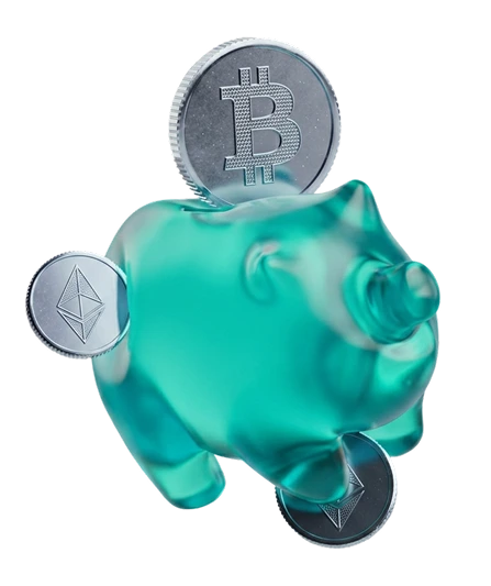 Doorzichtige spaarpot die Bitcoin- en Ethereum-munten verzamelt