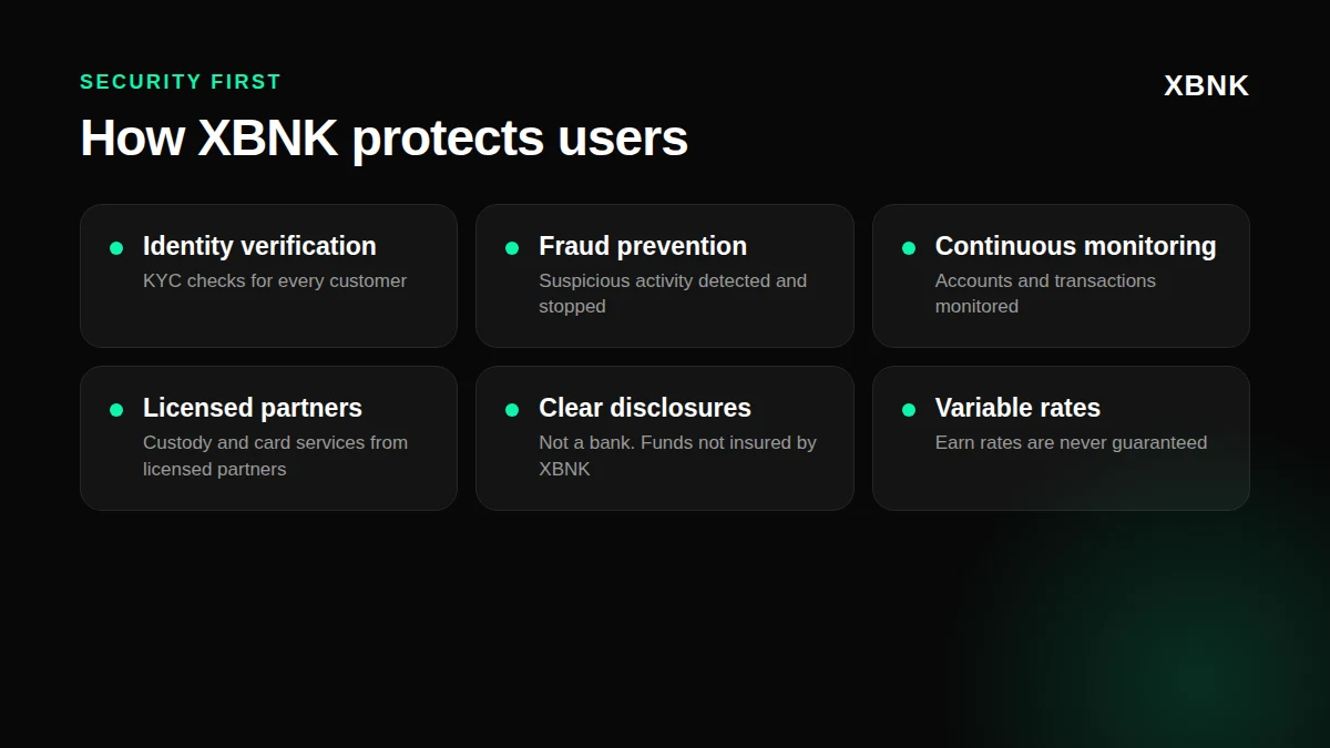 Cómo protege XBNK a los usuarios: verificación de identidad, prevención del fraude, supervisión continua, socios autorizados e información clara.